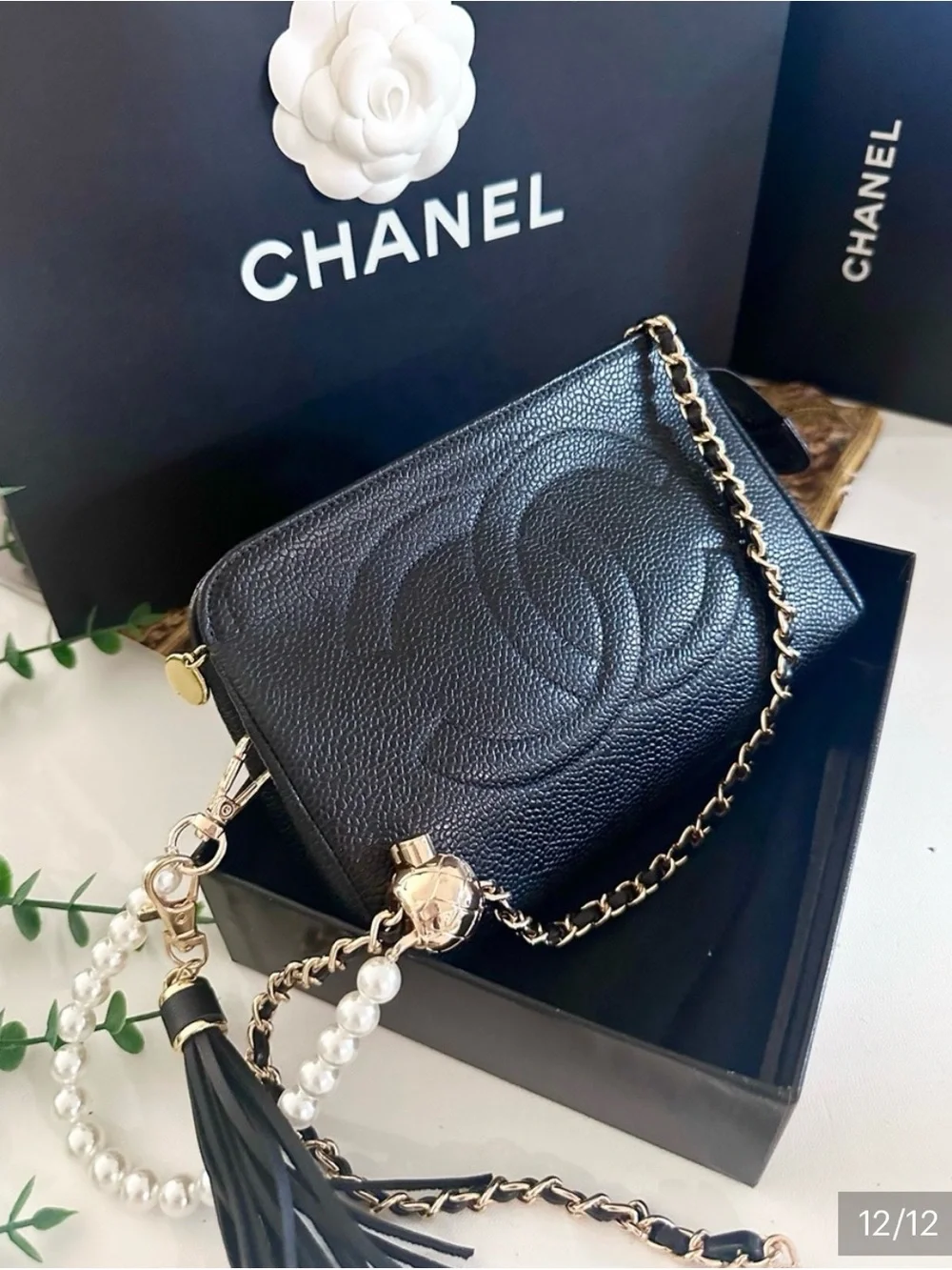 CHANEL Black Caviar Quilted CC Crossbody with Pearl Accent Chanel box bag roset